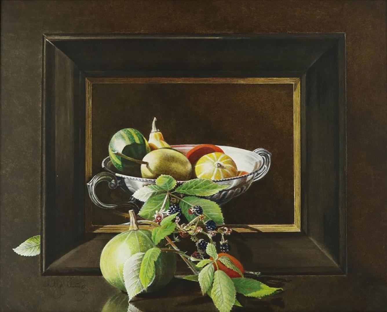 Hetty Ansing (1949-) Still life with vegetables and fruit, "Tromp L'oeil", signed lower left,