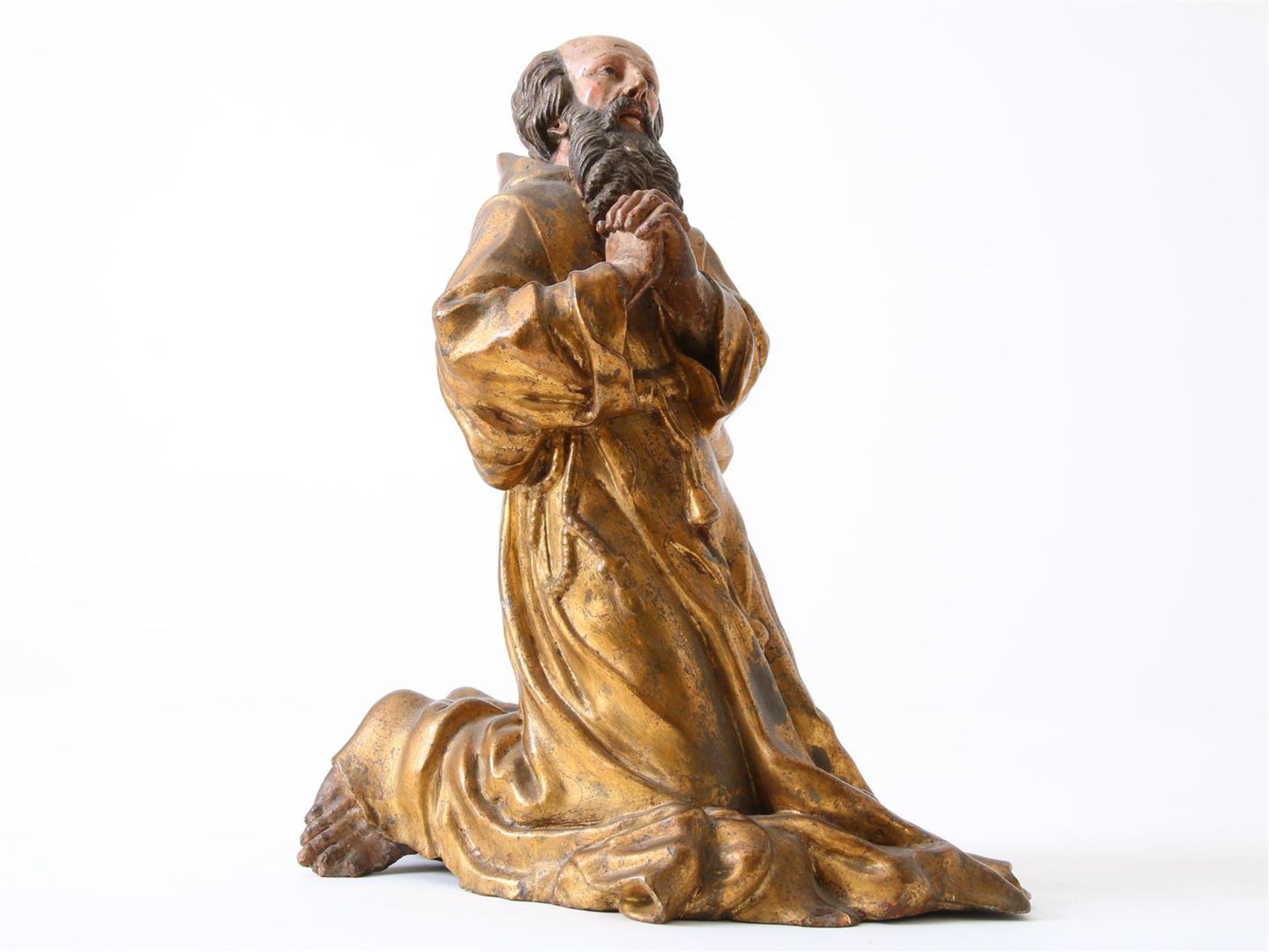 Partly gilded terracotta sculpture of kneeling Saint Francis of Paula (1416-1507) with beard and - Image 2 of 16