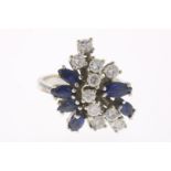 White gold cocktail fantasy ring set with blue sapphire and brilliant cut diamonds approx. 0.90 crt.