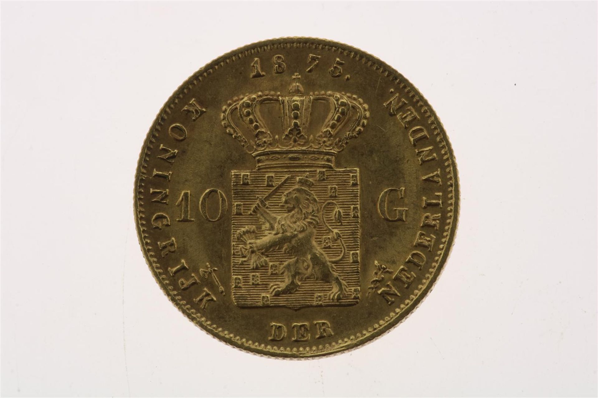 Gold tenner with image of Willem III, looking to the right, 1875, weight 6.72 grams. - Image 2 of 2