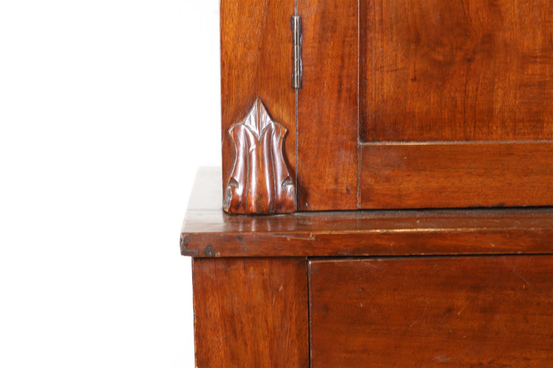 Mahogany cabinet with straight hood, 2 panel doors and 4 drawers, 19th century, 197 x 125 x 52 cm. - Image 3 of 4