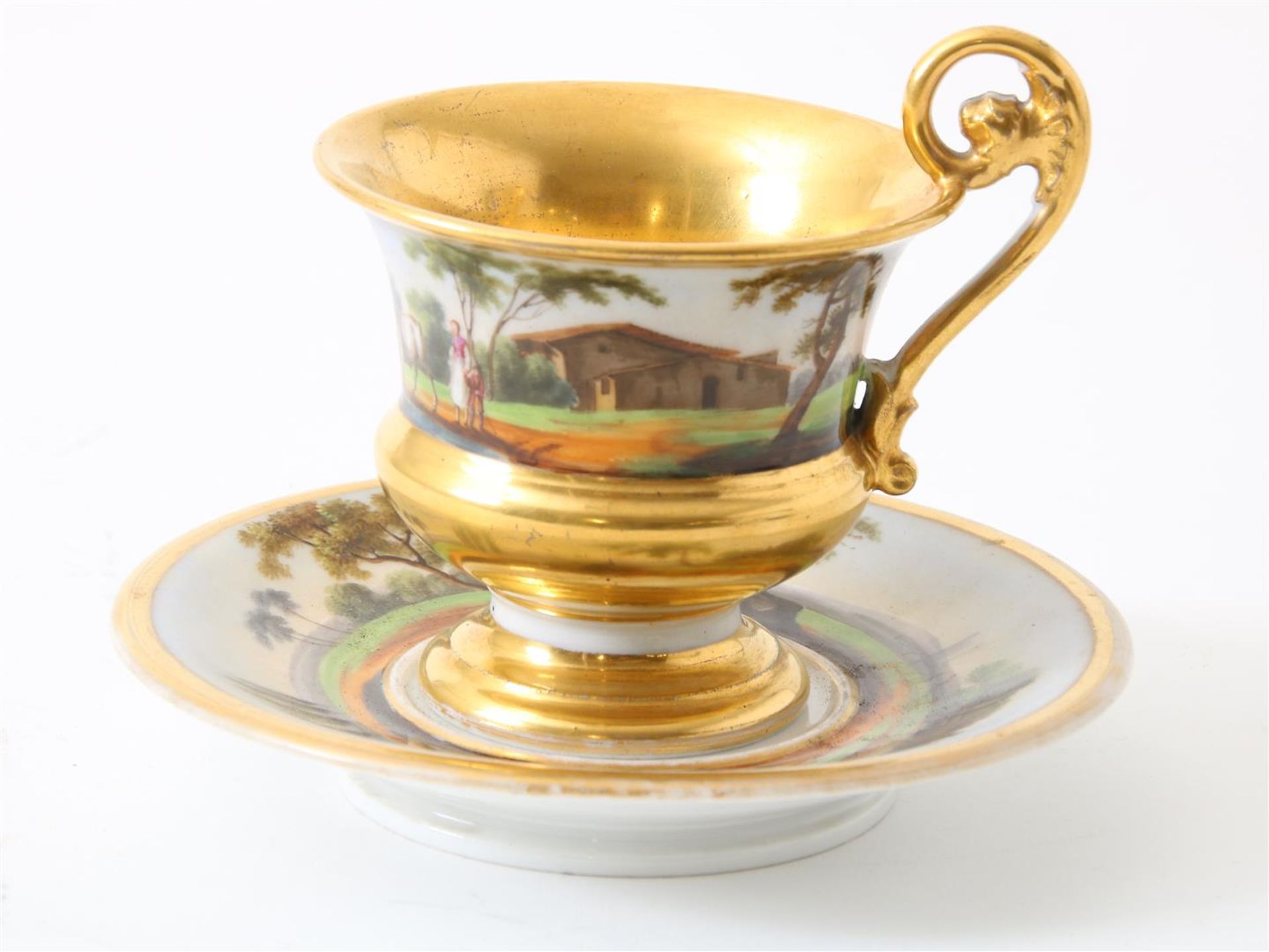 Porcelain cup and saucer, decorated with a landscape with cows, Empire Germany 19th century, height:
