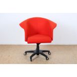 Office chair with red fabric upholstery on a black plastic swivel base, label Arflex