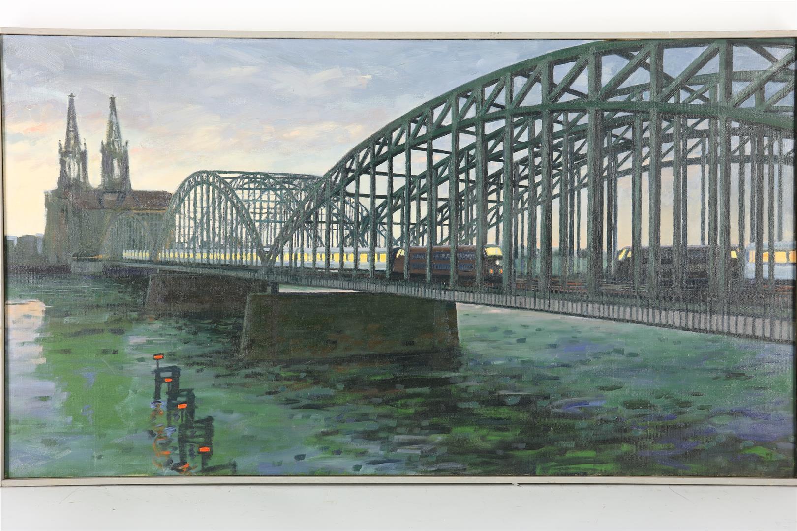 Mark Kevin Horton (1960-) Hohenzollernbrücke in Cologne, titled verso: Railway bridge over river