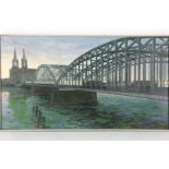 Mark Kevin Horton (1960-) Hohenzollernbrücke in Cologne, titled verso: Railway bridge over river