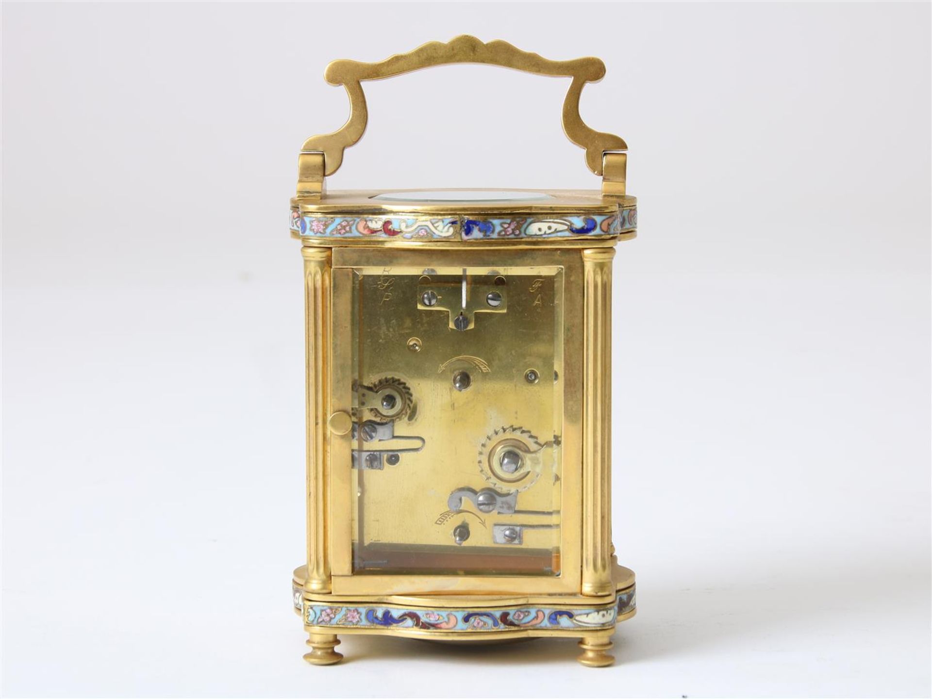 Gilt brass travel clock with enamel dial with Roman numerals, alarm clock with Arabic numerals, with - Image 4 of 7