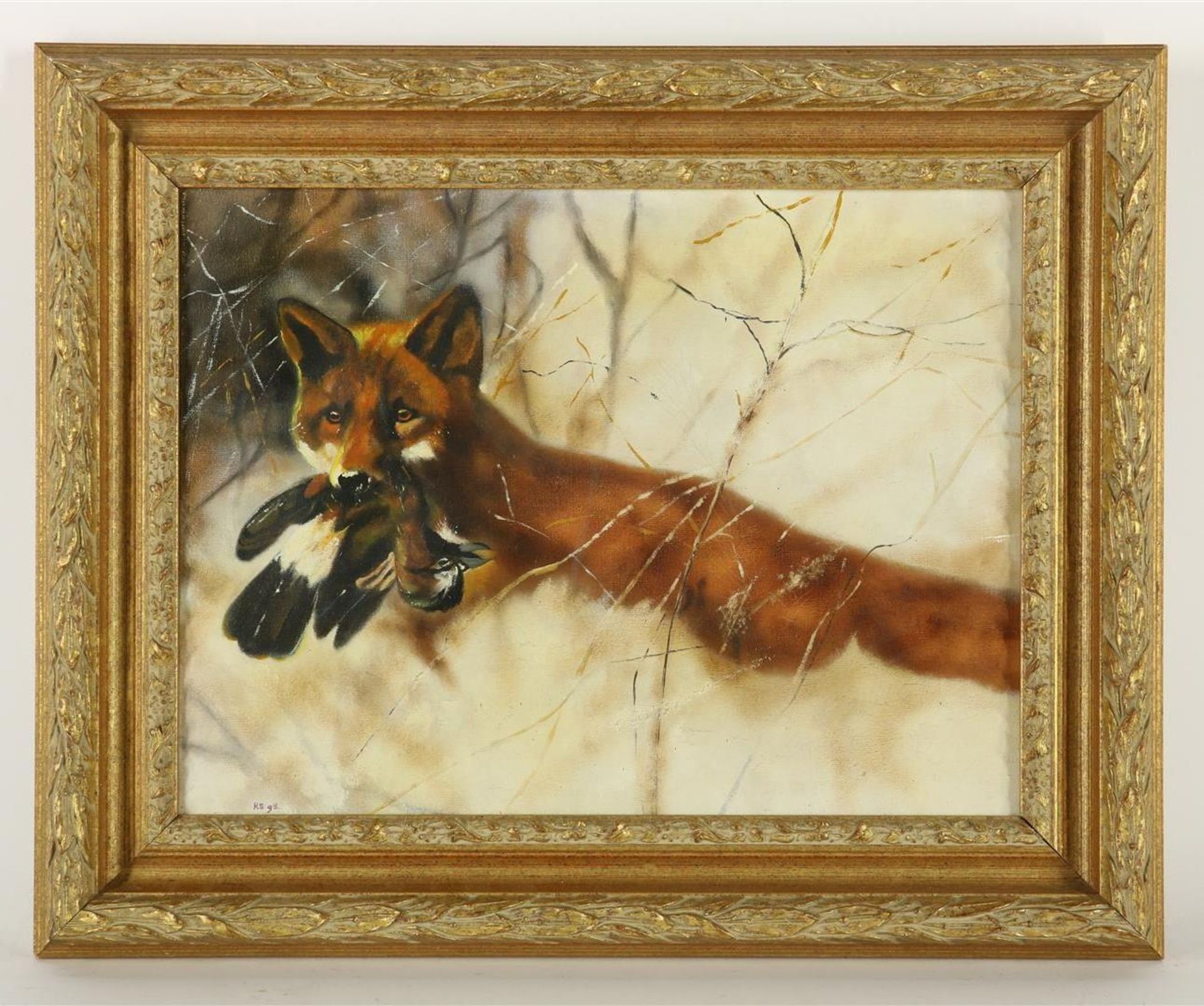 Fox with prey, signed and dated bottom left "K.S, 98", canvas, 30 x 40 cm. - Image 2 of 4