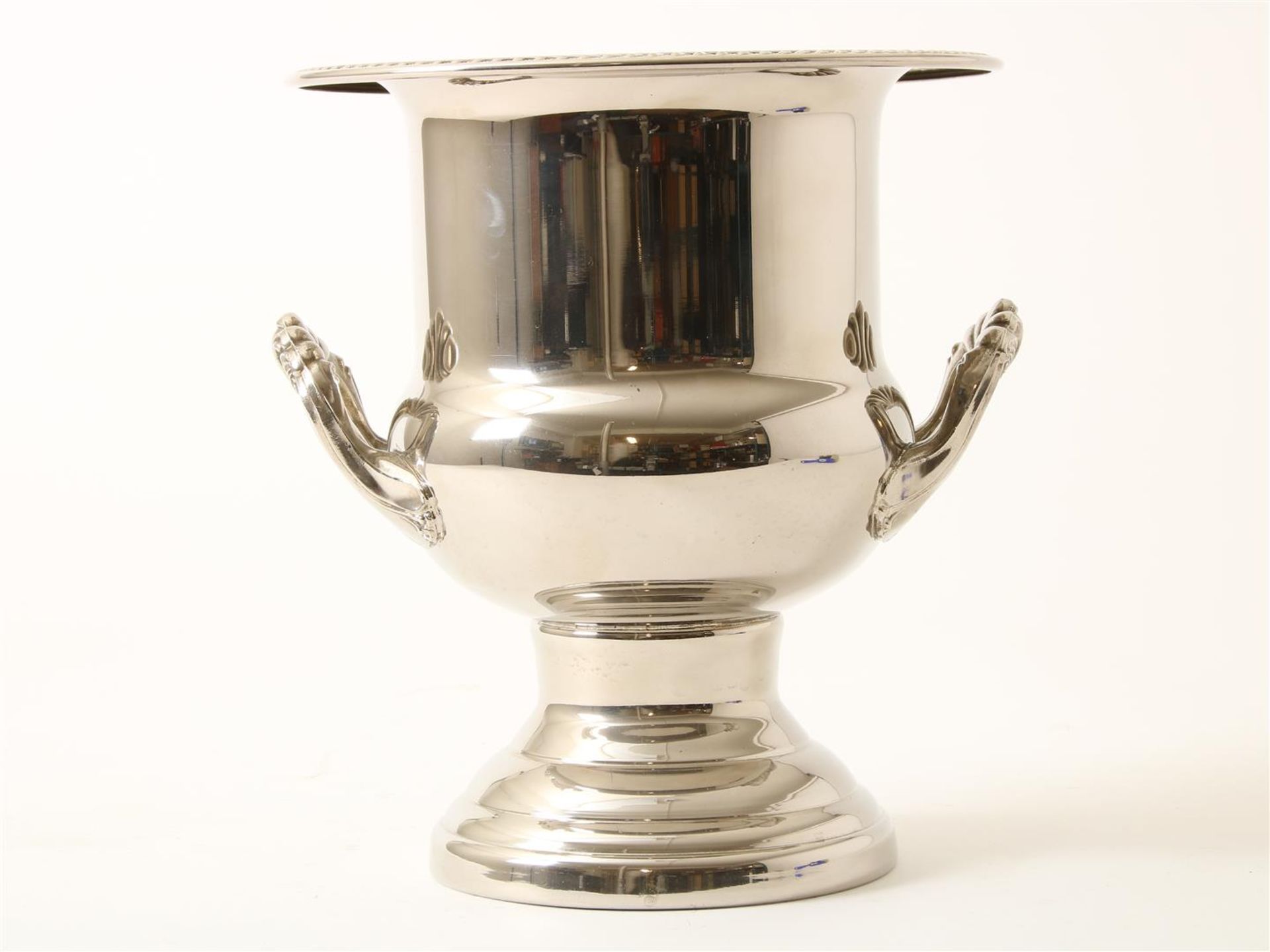 Plated (metal) champagne Urn shaped with folded edge, and 2 handles, on round base, not marked, - Image 2 of 2