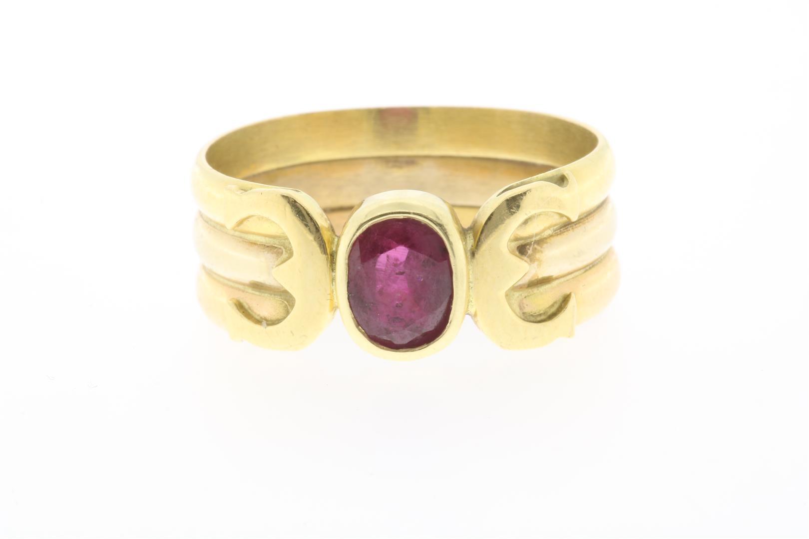 Yellow gold band ring set with ruby, BWG, gross weight 7.4 grams, size 19.