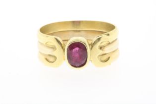 Yellow gold band ring with ruby