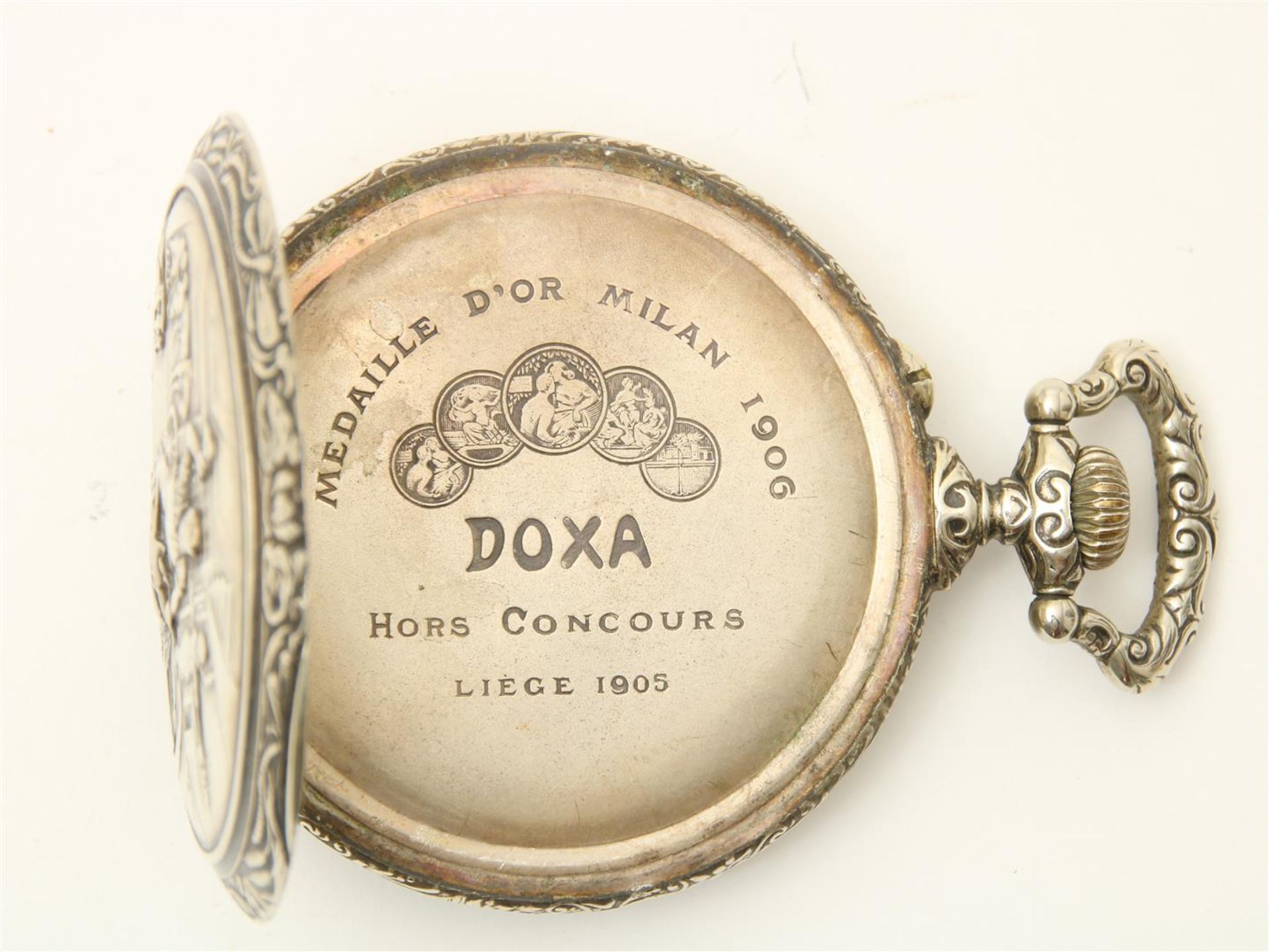 Silver pocket watch, with a lid with forge on the back, address: Doxa, Liege 1905, engraved on the - Image 3 of 4