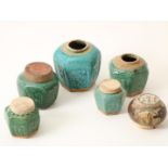 Lot of 5 hexagonal Shiwan earthenware ginger jars with green glaze and a round one with brown glaze,