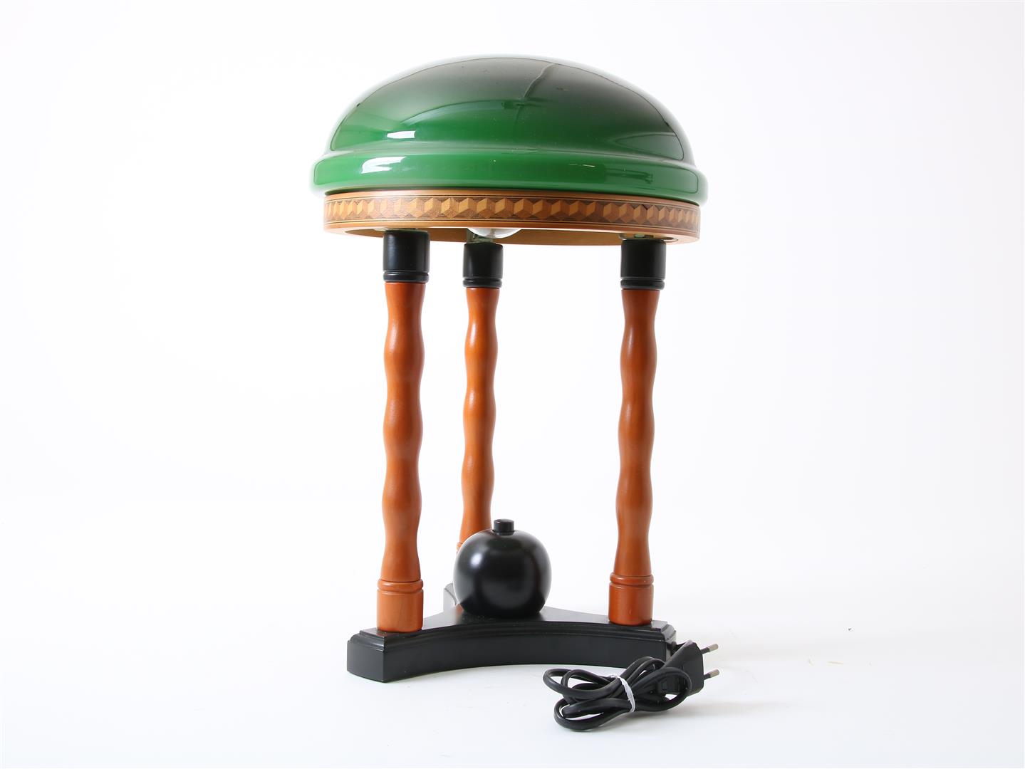 Table lamp on wooden base with green glass shade, manufacturer Tembe Leuchten, 1980s, height