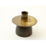 Bronze candlestick on wooden base, dovetail candle holder, possibly Spain, 17th century, height 10.5