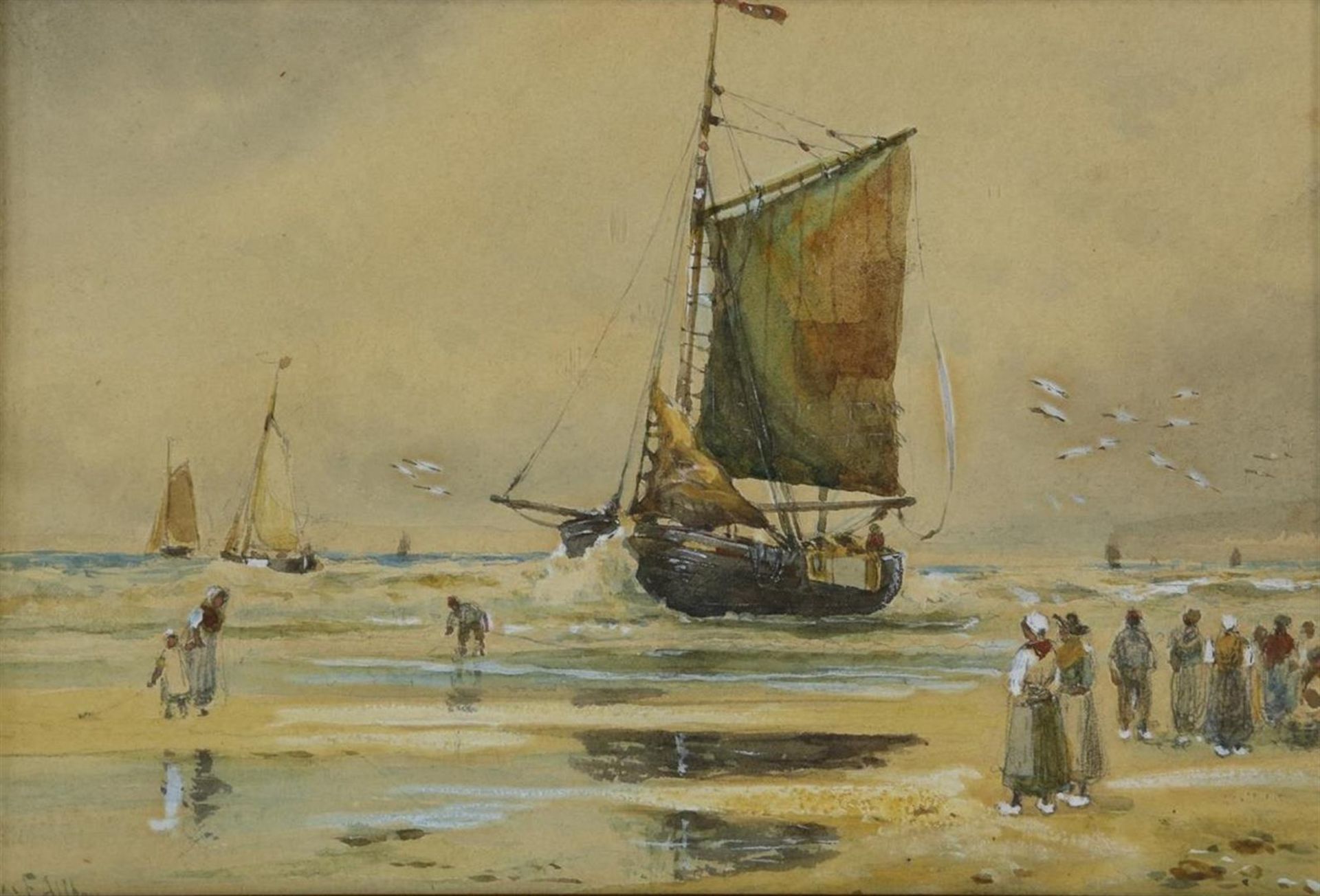 Charles Frederick Allbon (1856-1926) Fishermen on the beach (2x), signed lower right and left. - Image 2 of 5