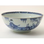 Porcelain bowl decorated in blue with dignitaries and stuff in a landscape, inside decorated with