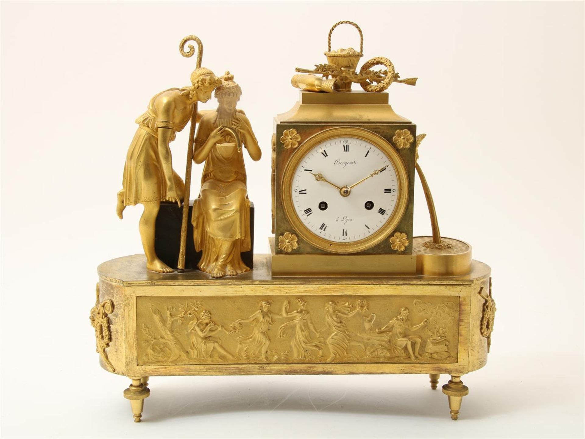Ormolu bronze Empire mantel clock, crowned with shepherd with staff and shepherdess with pan - Image 2 of 9