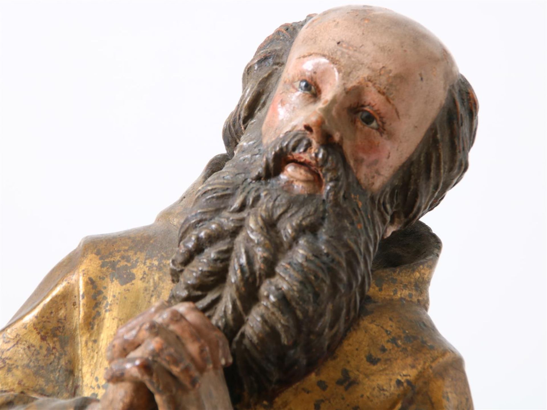 Partly gilded terracotta sculpture of kneeling Saint Francis of Paula (1416-1507) with beard and - Image 6 of 16