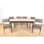 Series of 6 iron design chairs with gray upholstery and table with teak top on iron base, 75 x 130 x