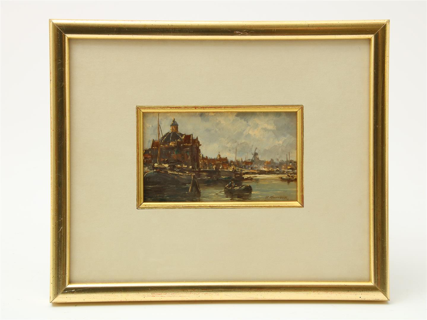 View of Kattenburg in Amsterdam, signed bottom right, panel, 7.5 x 13 cm. - Image 2 of 4