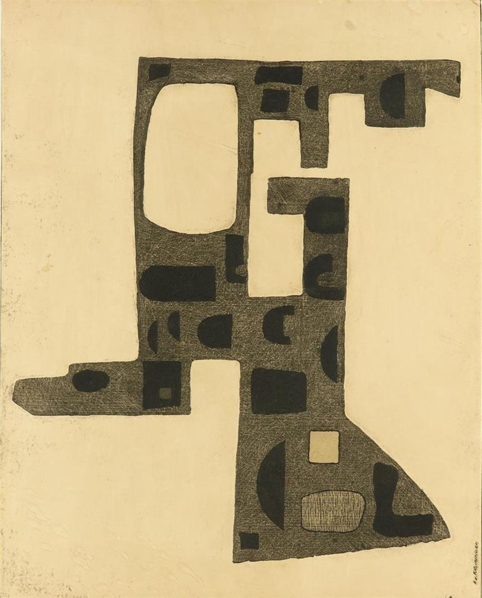 Harry van Kruiningen (1906-1996) Asbtact composition, signed lower left, etching pasted on board, 56