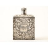 Silver Frisian tea caddy, square and decorated with acanthus - shell motifs, medallion with initials