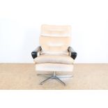 Design lounge chair with corduroy upholstery and black leather-covered teak armrests on a chrome-