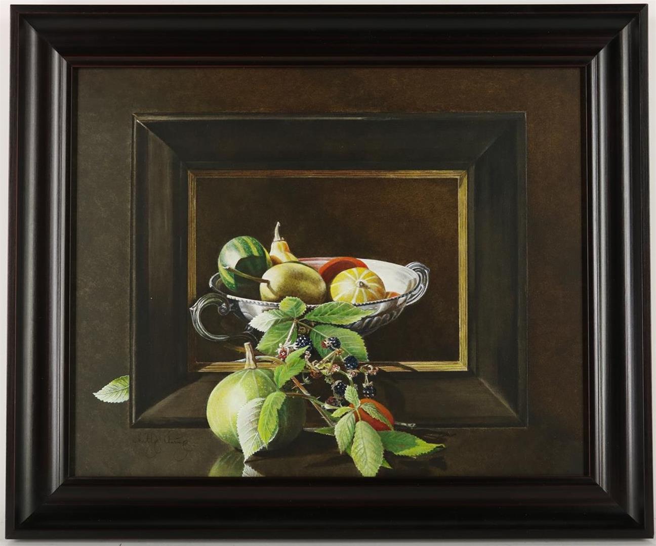 Hetty Ansing (1949-) Still life with vegetables and fruit, "Tromp L'oeil", signed lower left, - Image 2 of 4