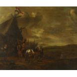 Figures at Dutch army camp, late 17th century, panel, 34 x 41 cm.