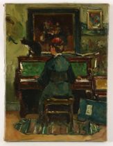 Woman behind piano, unkown