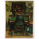 Woman behind piano, unkown