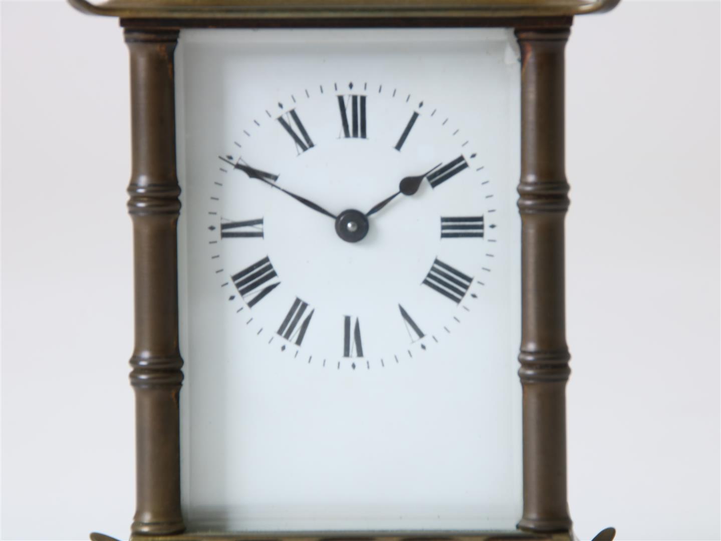 Gilt brass 'compendium' travel clock crowned with weather station, with white enamel dial with Roman - Image 2 of 7