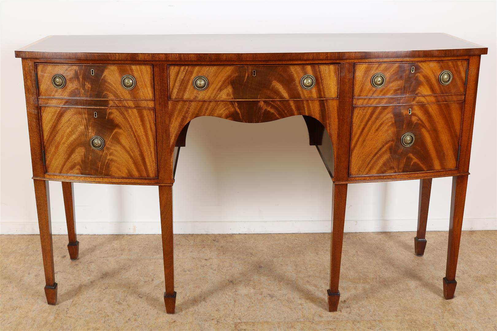 Mahogany Regency style sideboard with drawer and 2 panel doors as false drawers, on tapered legs,