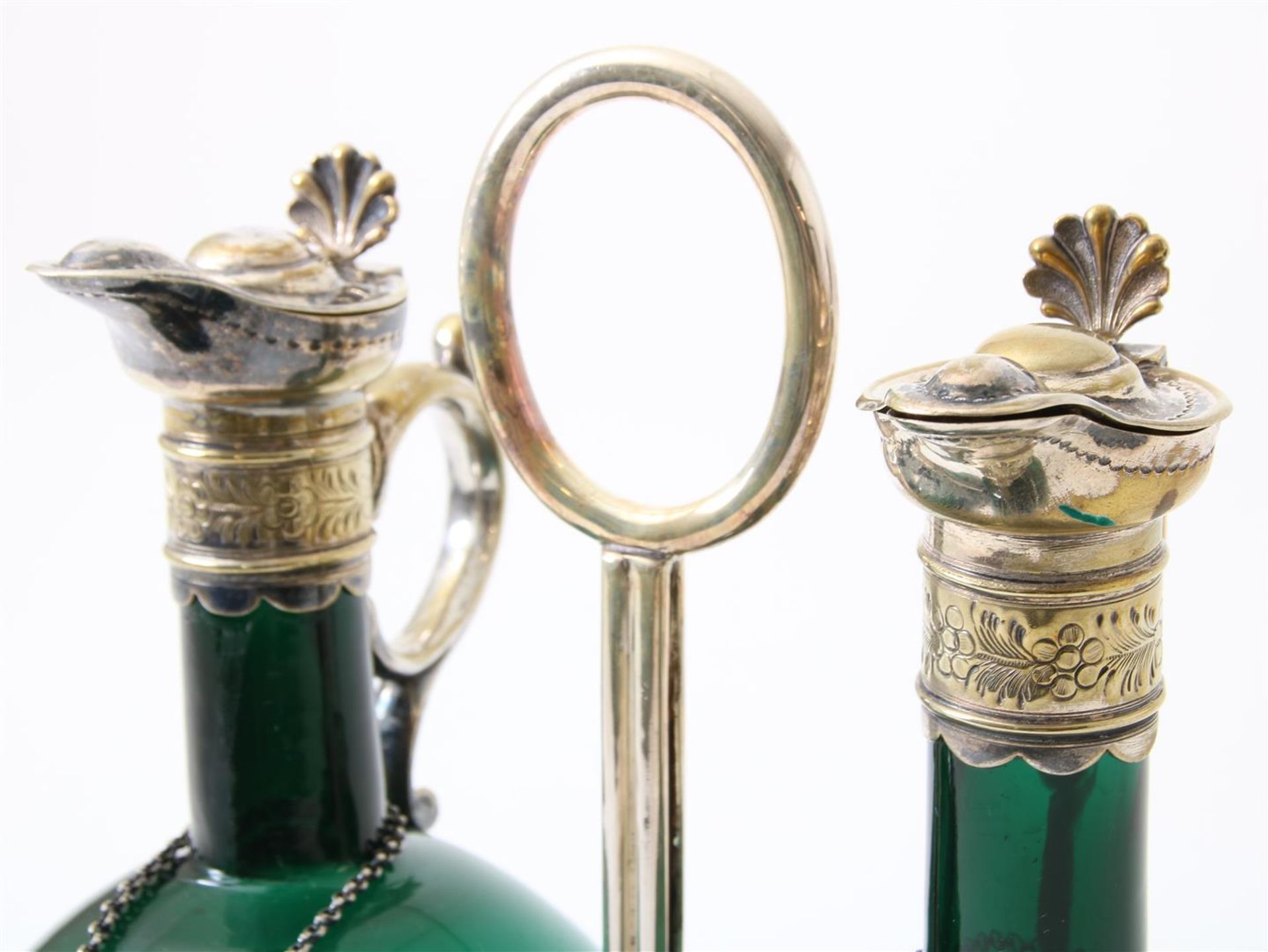 Decanter set, green glass convex belly decanters with plated lid frames in plated mounting. Bristol - Image 3 of 3