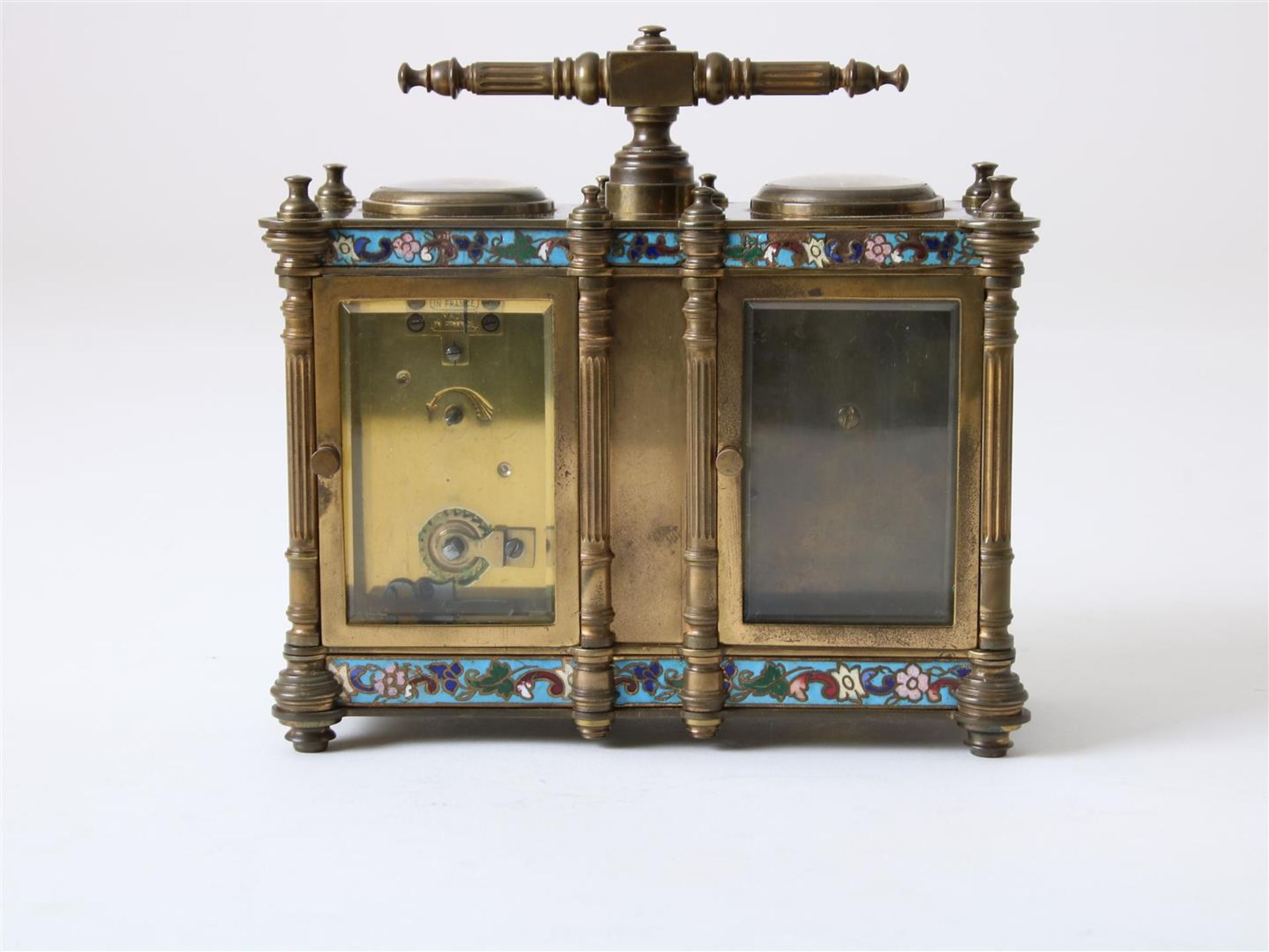 Gilt brass double 'compendium' travel clock, equipped with enamel dials with Roman numerals, - Image 5 of 8