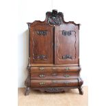 Oak Louis XV cabinet with contoured hood with carved crest, 2 panel doors on 3 curved drawers