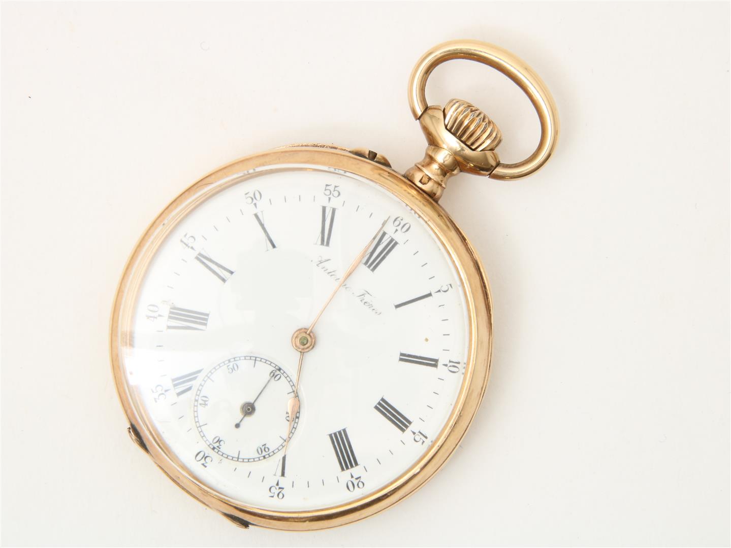 Pocket watch, yellow gold case, address: Antoine Frères, grade 585/000, numbered: 74236, diameter 46