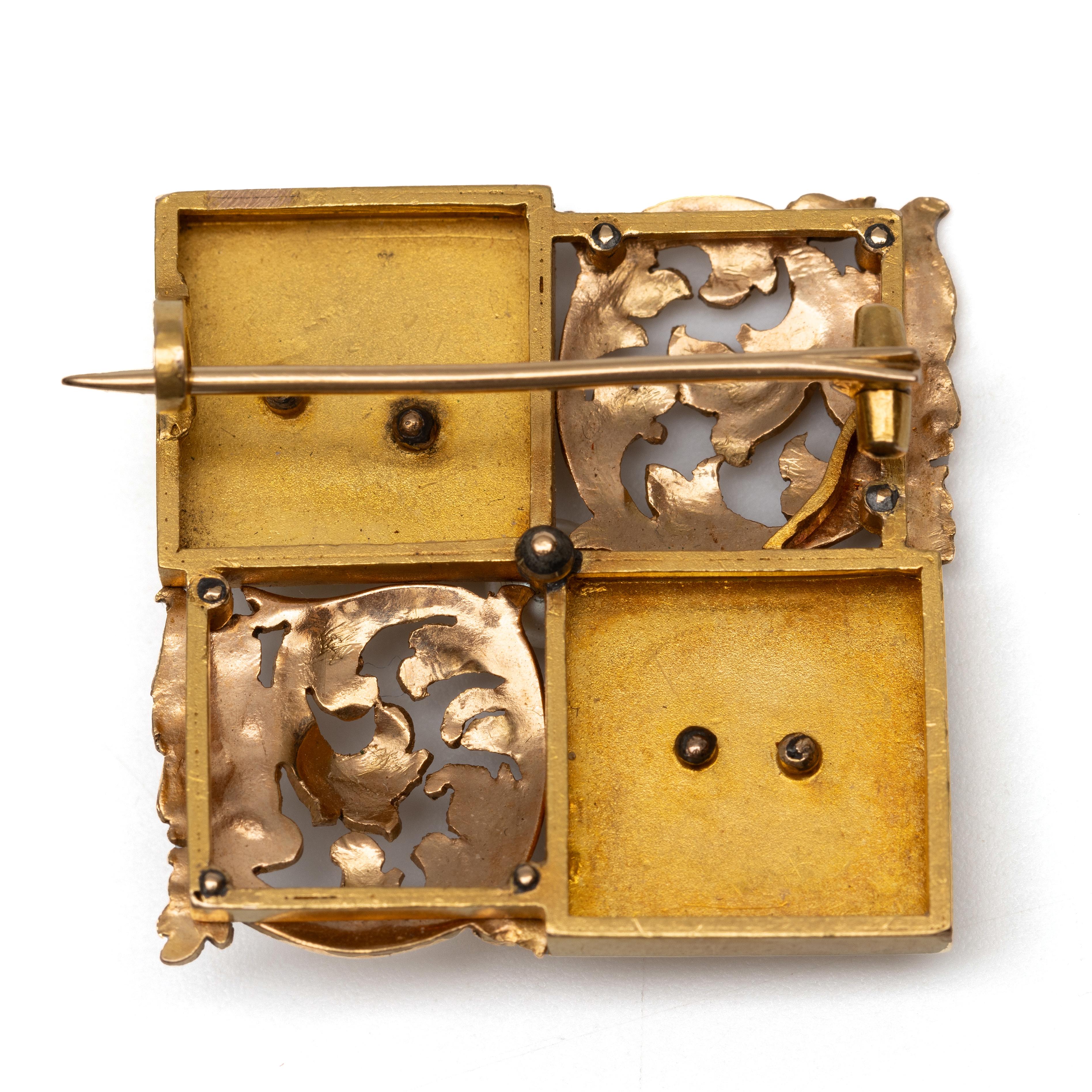 Frankrijk, 18 kt. gouden vierkante broche, laat 19e eeuw. - Image 2 of 2