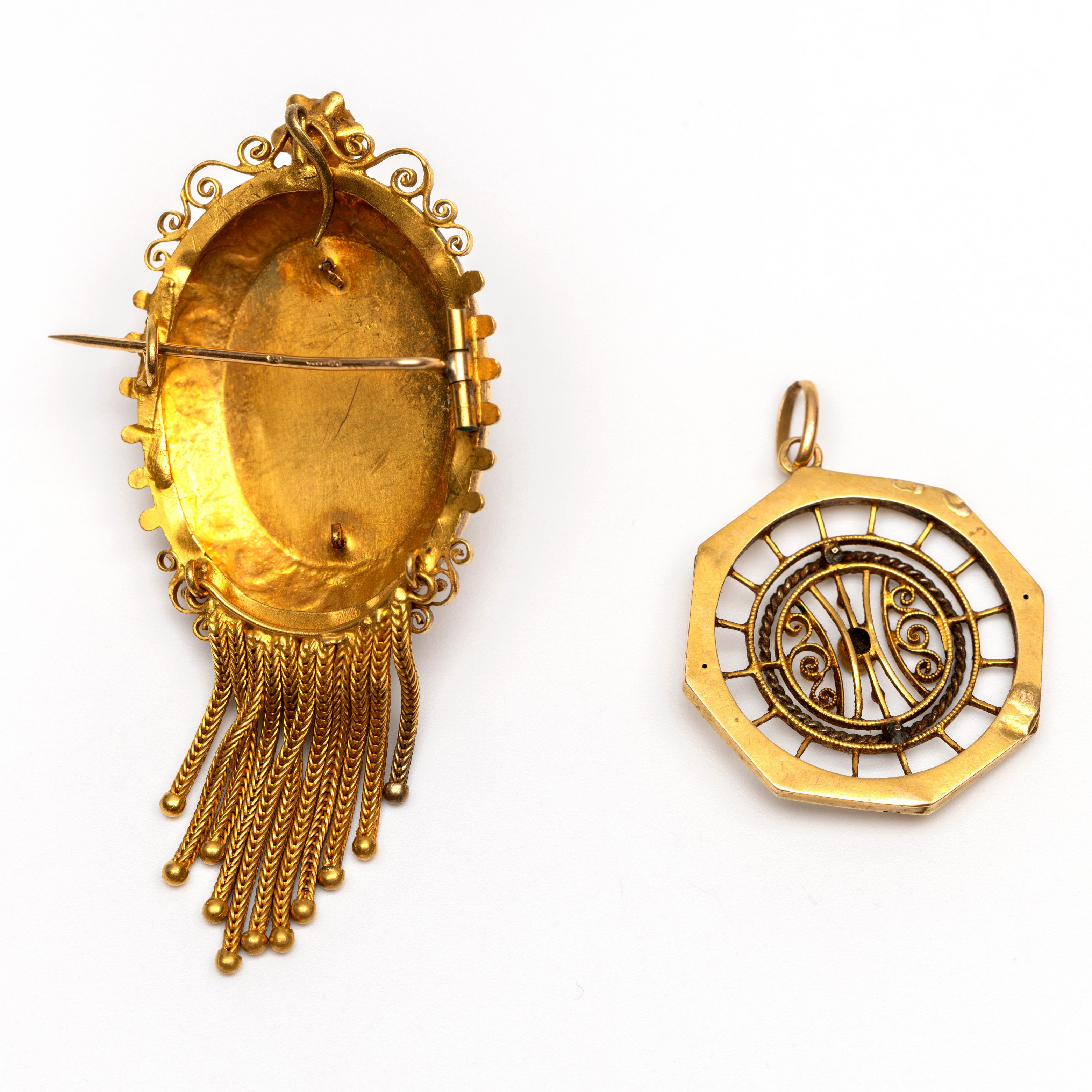 14 kt. Gouden ovale broche, tevens hanger, 19e eeuw. - Image 2 of 2