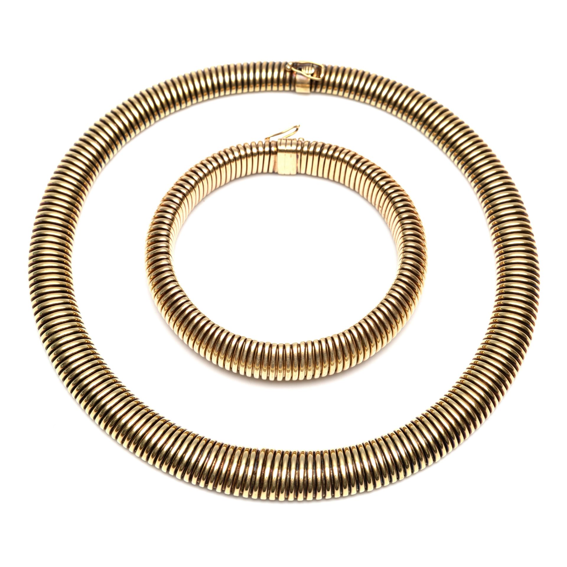 14 kt Gouden tubogas collier met bijbehorende armband, jaren '50.