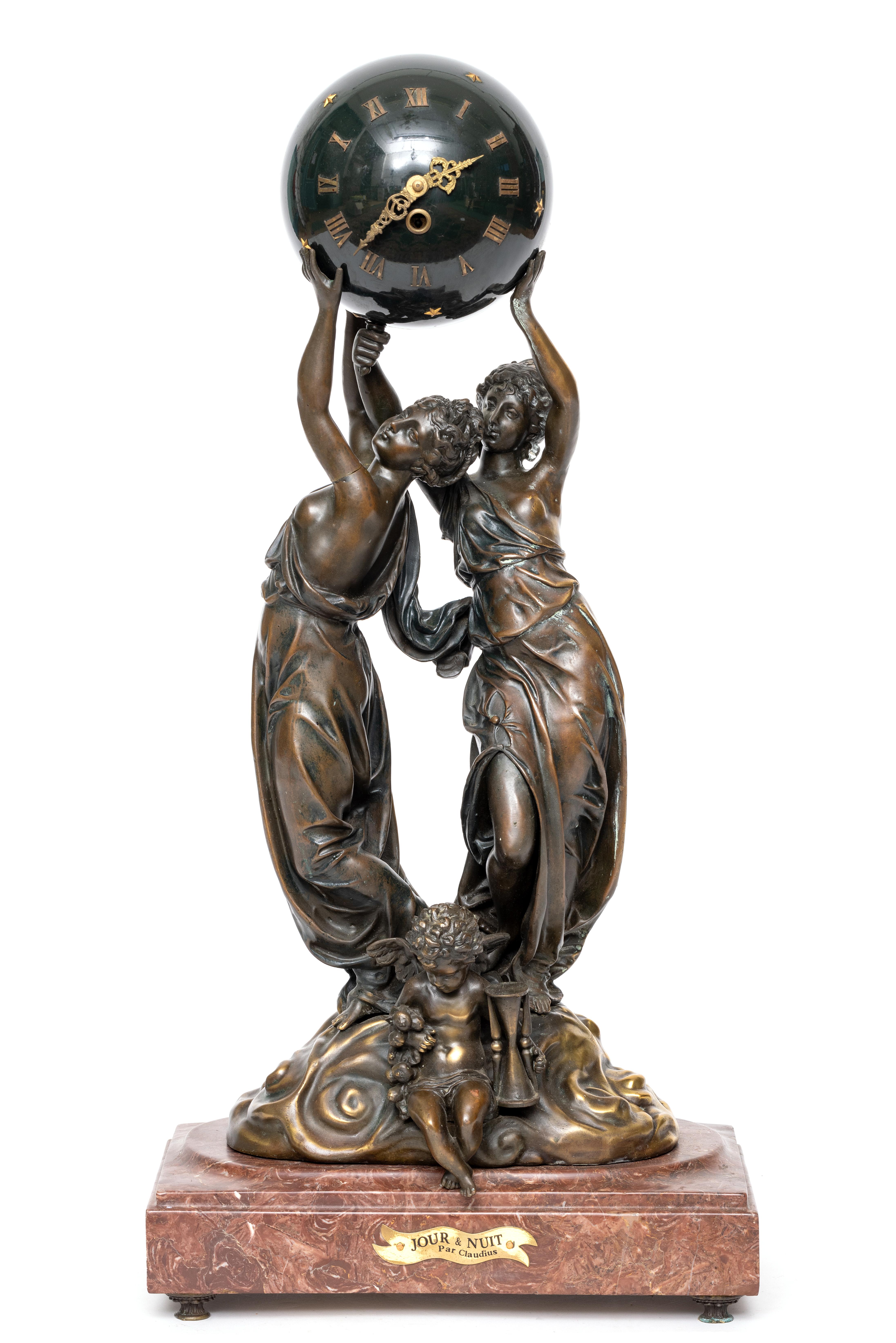 Frankrijk, bruin gepatineerde bronslegering pendule, 'Jour & Nuit', ca. 1900;