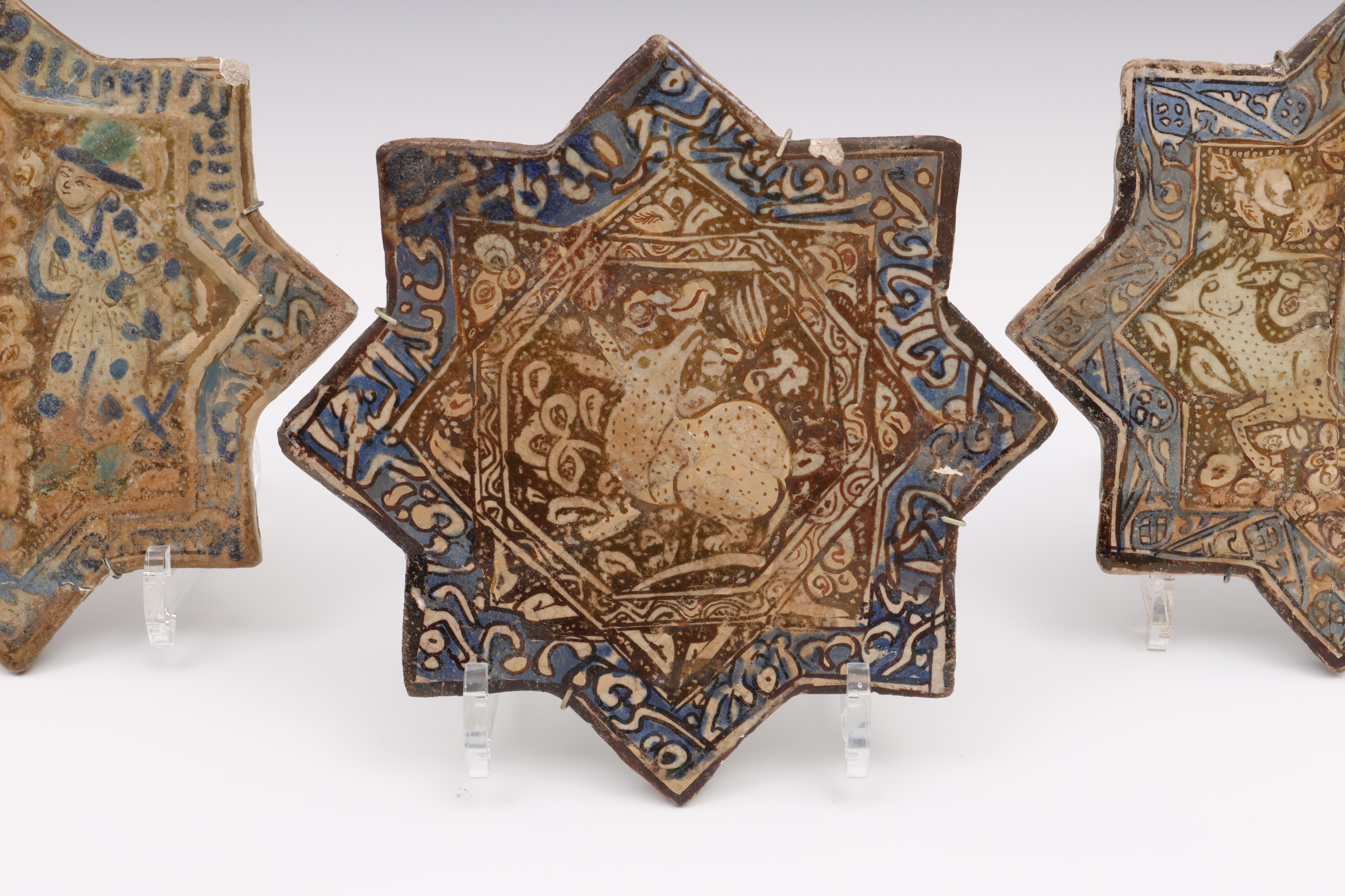 Persia, three Kashan lustre cobalt star shaped tiles, ca. 13t-15th century - Image 2 of 5