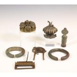 India, two bronze kohl containers, two bracelets, a brass betel cutter.