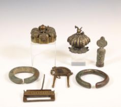 India, two bronze kohl containers, two bracelets, a brass betel cutter.