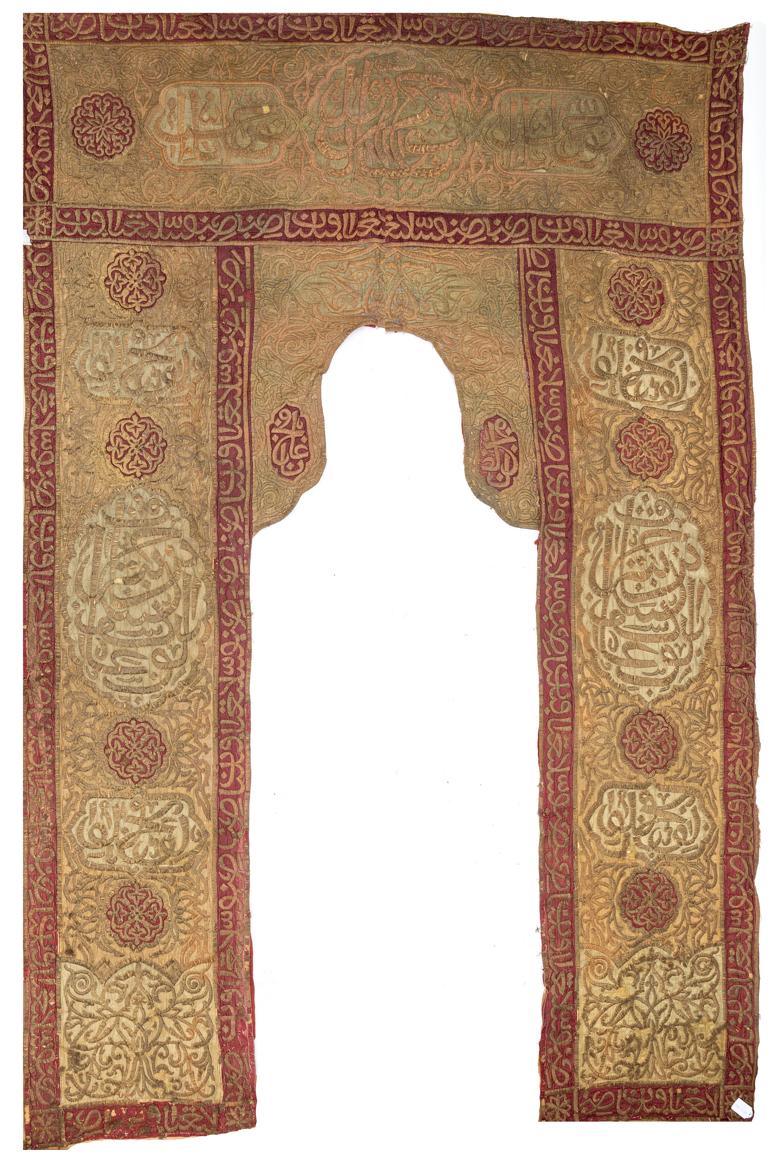 An Ottoman metel-thread silk embroidered Mosque portiere, ca. 1900