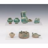 A collection of seven turkois glazed objects, Middle East, Persia 13th century and later;