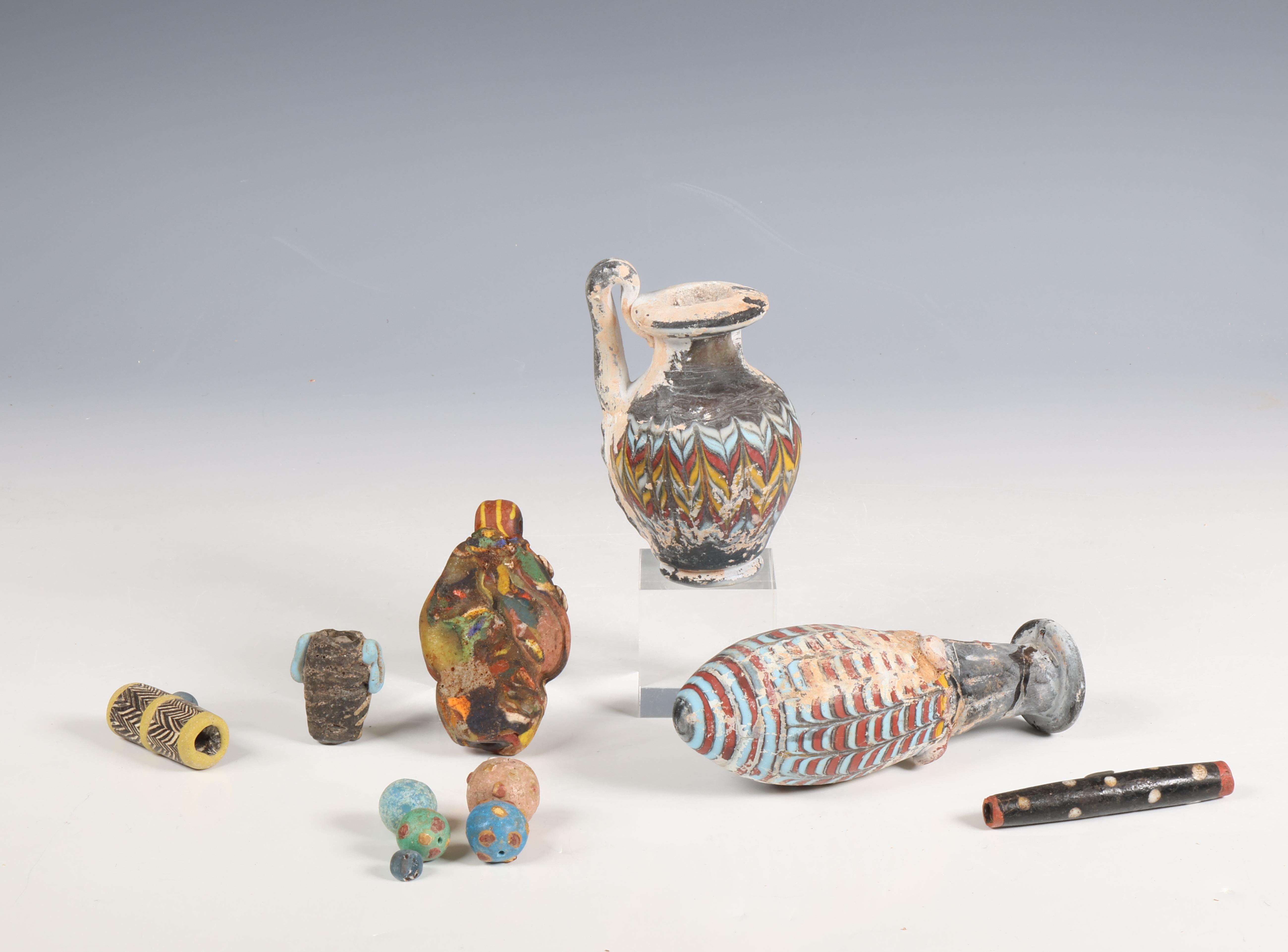 Phoenician style glass face beads, two style glass flask and various glass beads. - Image 2 of 2