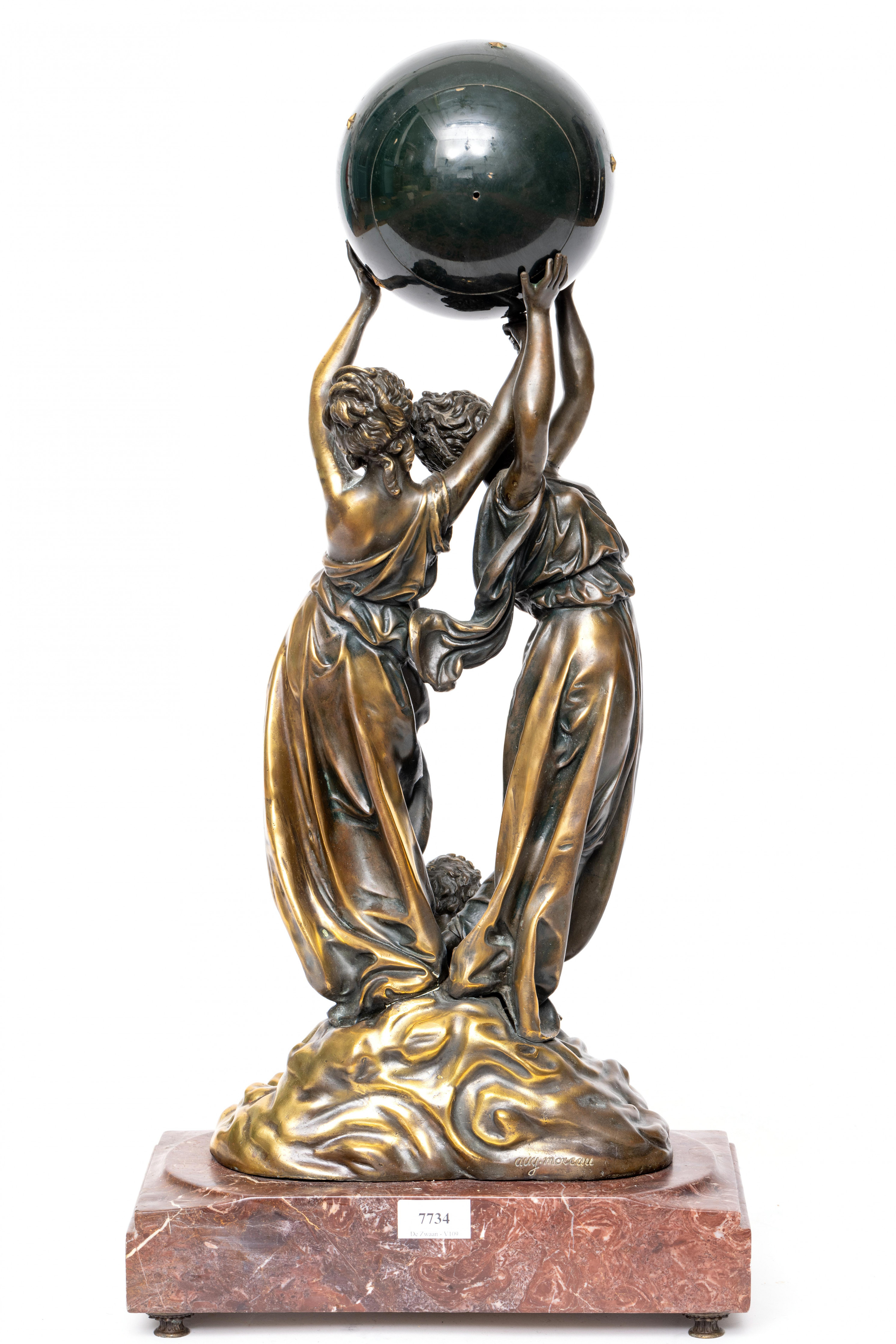 Frankrijk, bruin gepatineerde bronslegering pendule, 'Jour & Nuit', ca. 1900; - Image 2 of 4