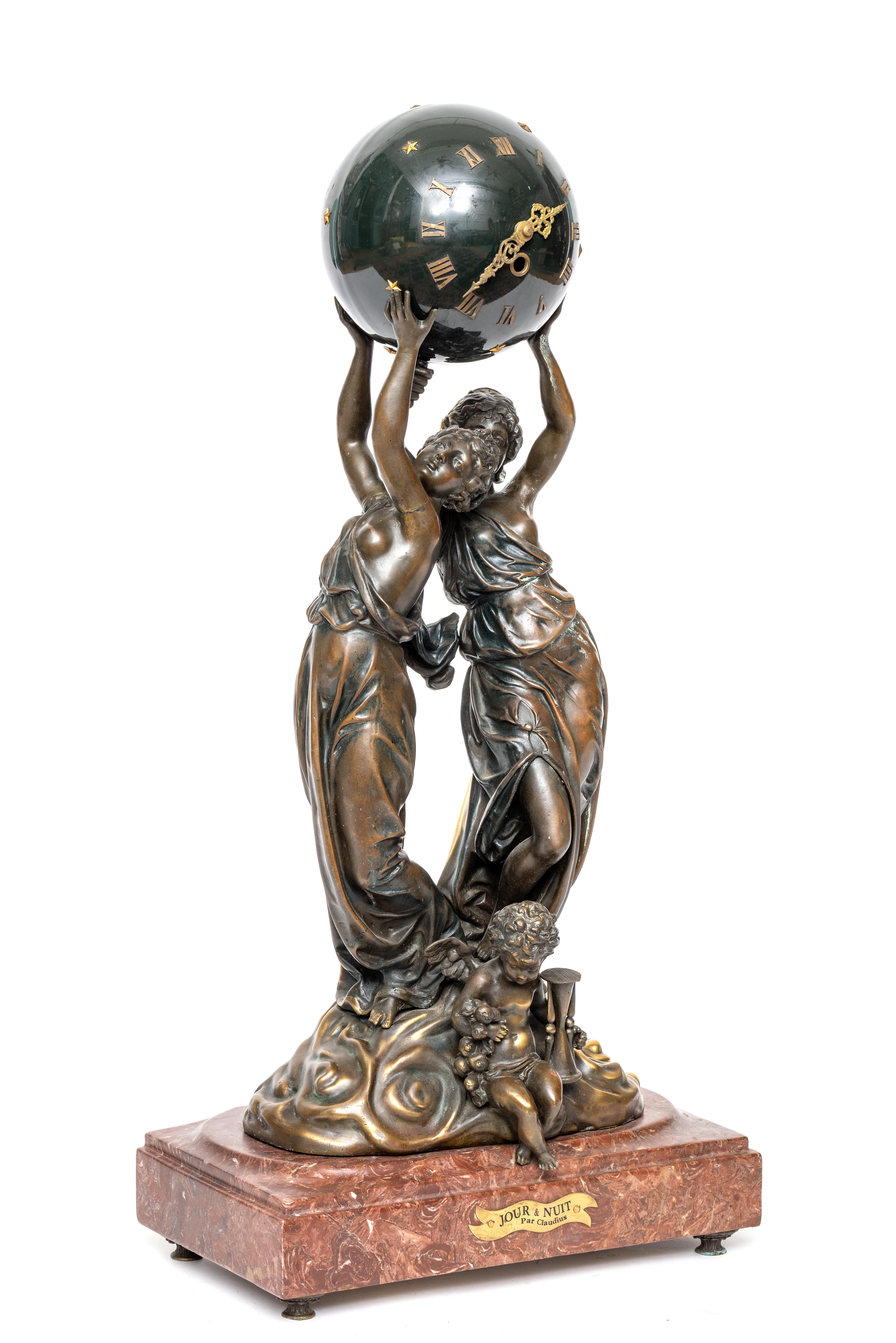 Frankrijk, bruin gepatineerde bronslegering pendule, 'Jour & Nuit', ca. 1900; - Image 4 of 4