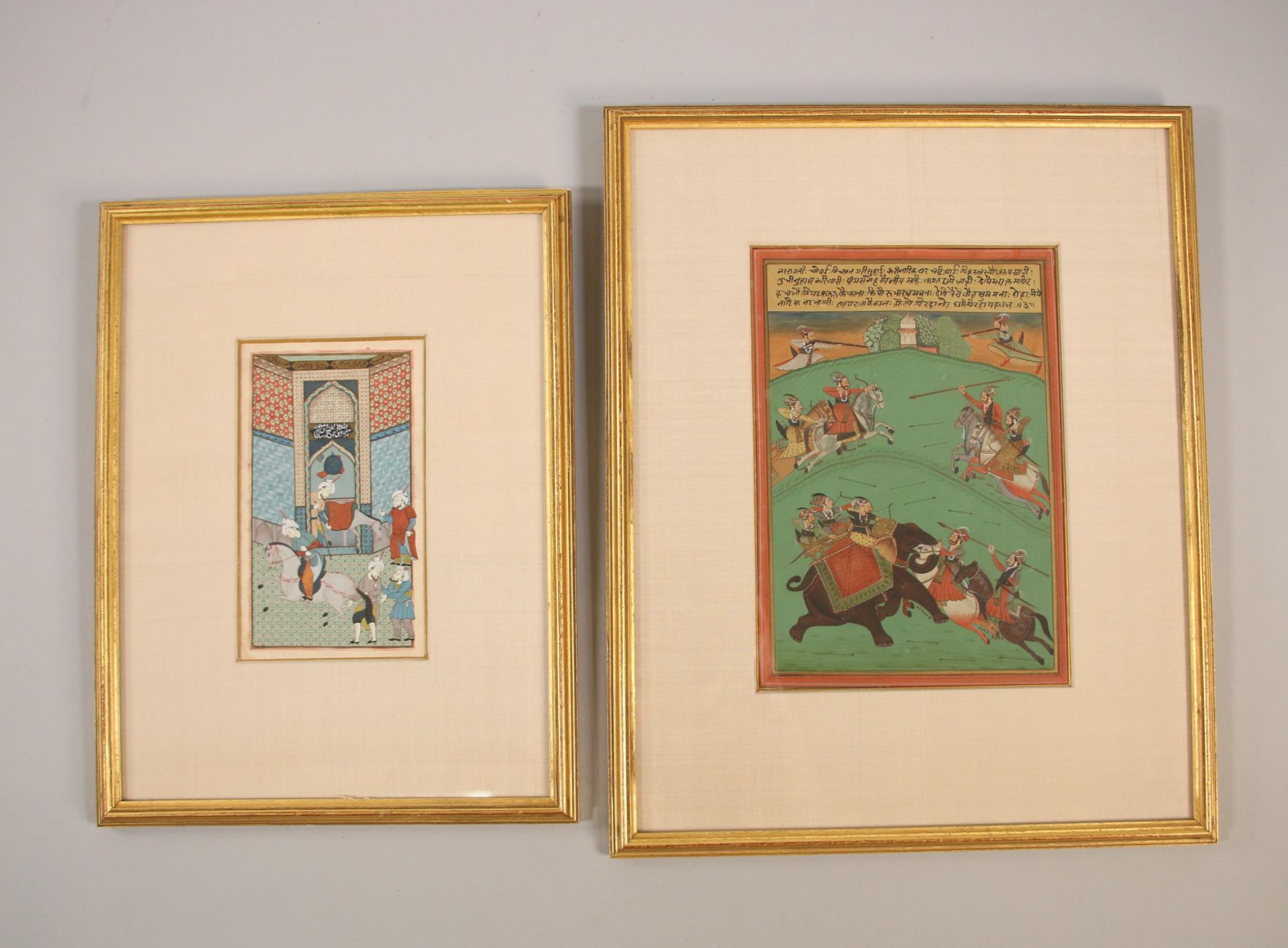 India, a miniature of a Moghul war-scene and Iran, a minaiture of figures and horses in front of a p